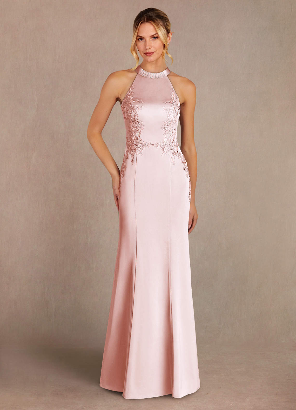 Azazie Tyra Mother of the Bride Dresses Blushing Pink Mermaid Lace Stretch Satin Dress image1