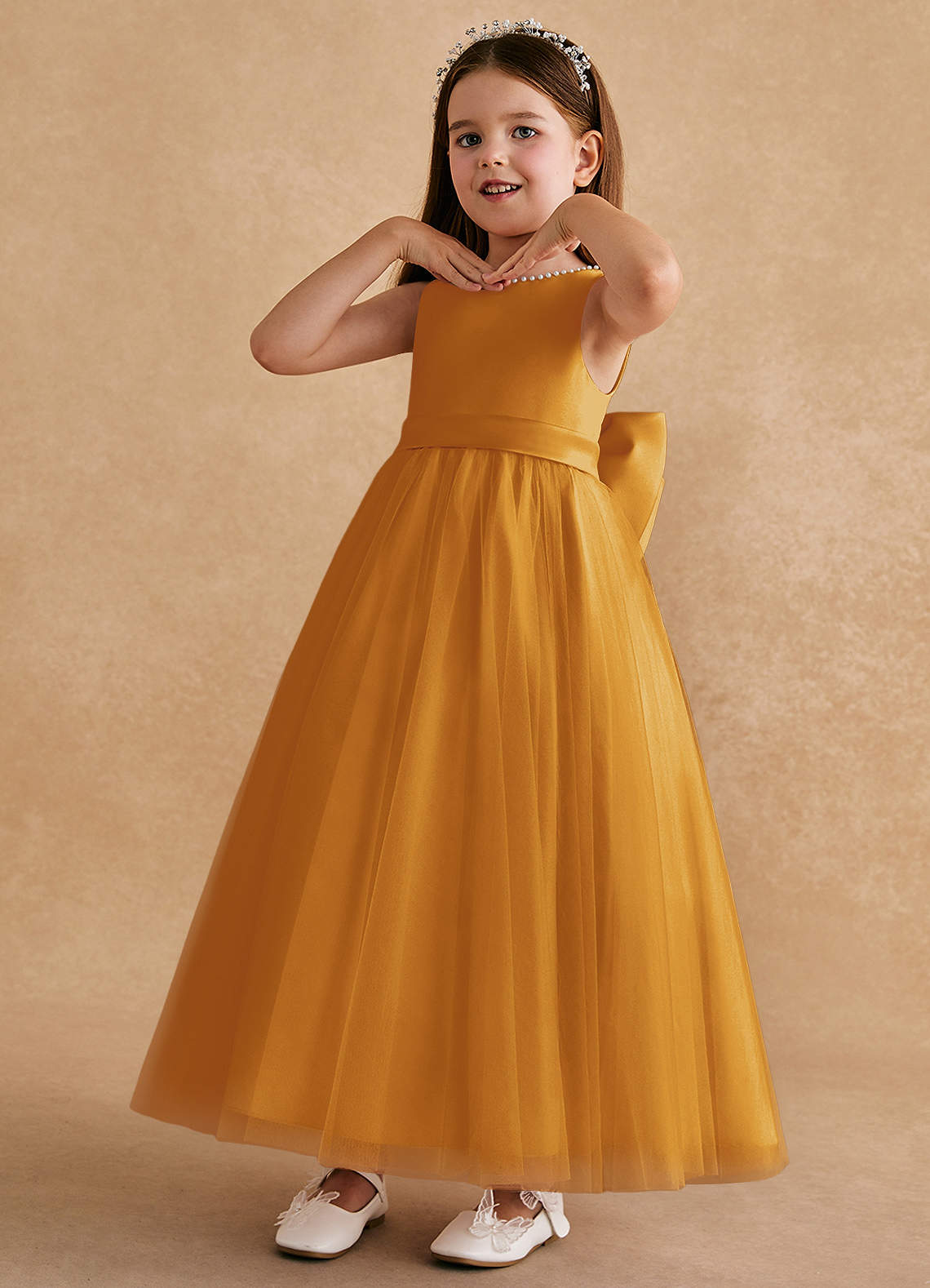Azazie Cookie Flower Girl Dresses Butterscotch A-Line Bow Tulle Dress image3