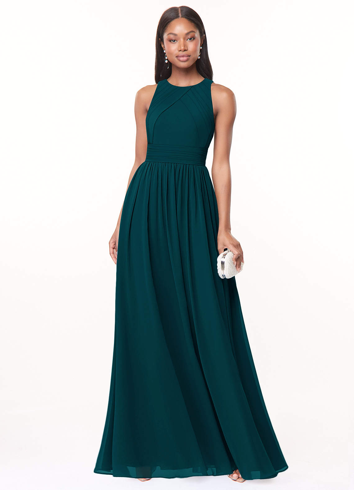 Azazie Harper Bridesmaid Dresses Pine A-Line Pleated Chiffon Dress image1
