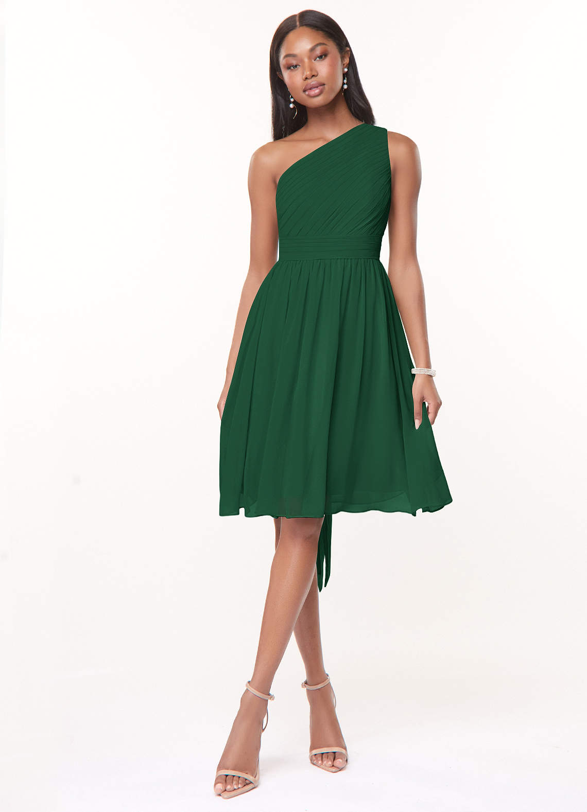 Azazie Katrina Bridesmaid Dresses Dark Green A-Line One Shoulder Chiffon Dress image1