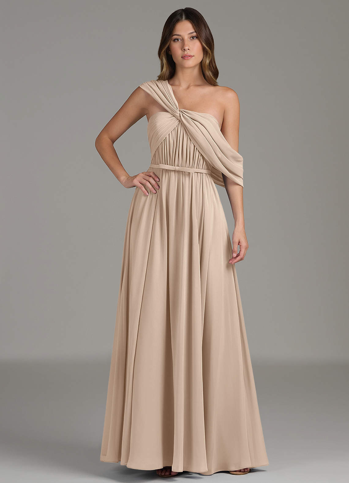taupe off shoulder dress Azazie A-Line Off The Shoulder Floor-Length Chiffon Bridesmaid Dresses