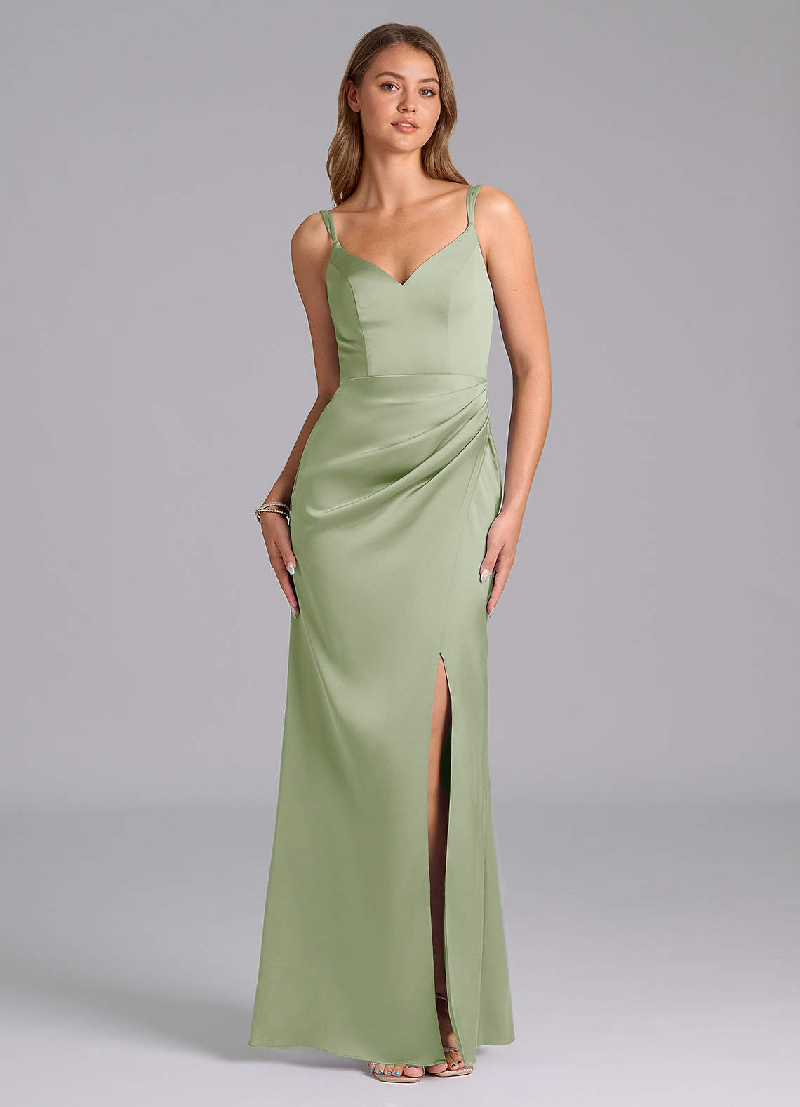 Azazie Leo Bridesmaid Dresses Dusty Sage Sheath Pleated Stretch Satin Dress image1