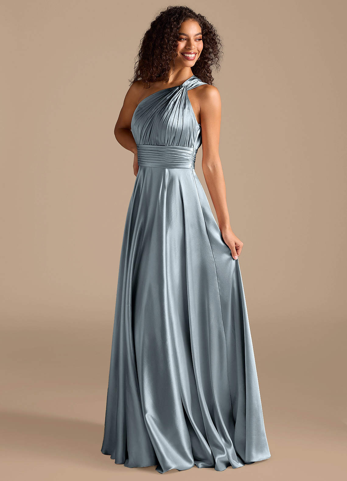 dusty grey bridesmaid dresses Azazie Charlize Dusty Blue Metallic Satin Bridesmaid Dresses