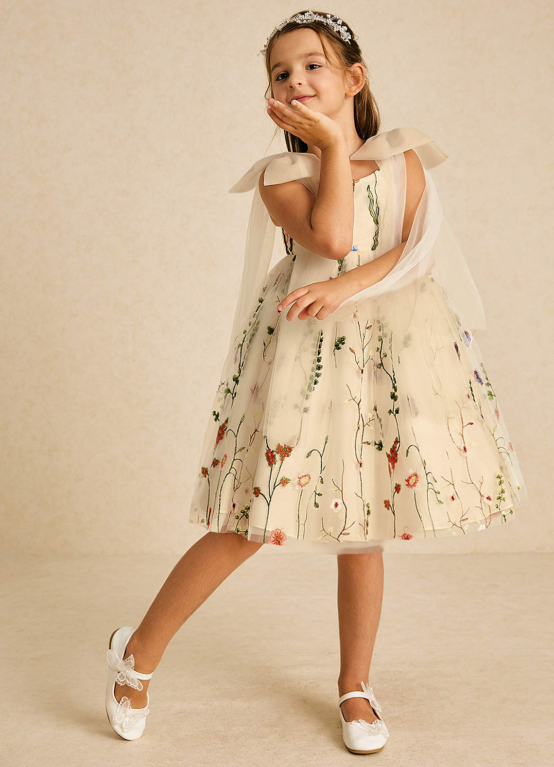 Azazie Prunella Classic Champagne A-Line Lace Tulle Dress | Azazie