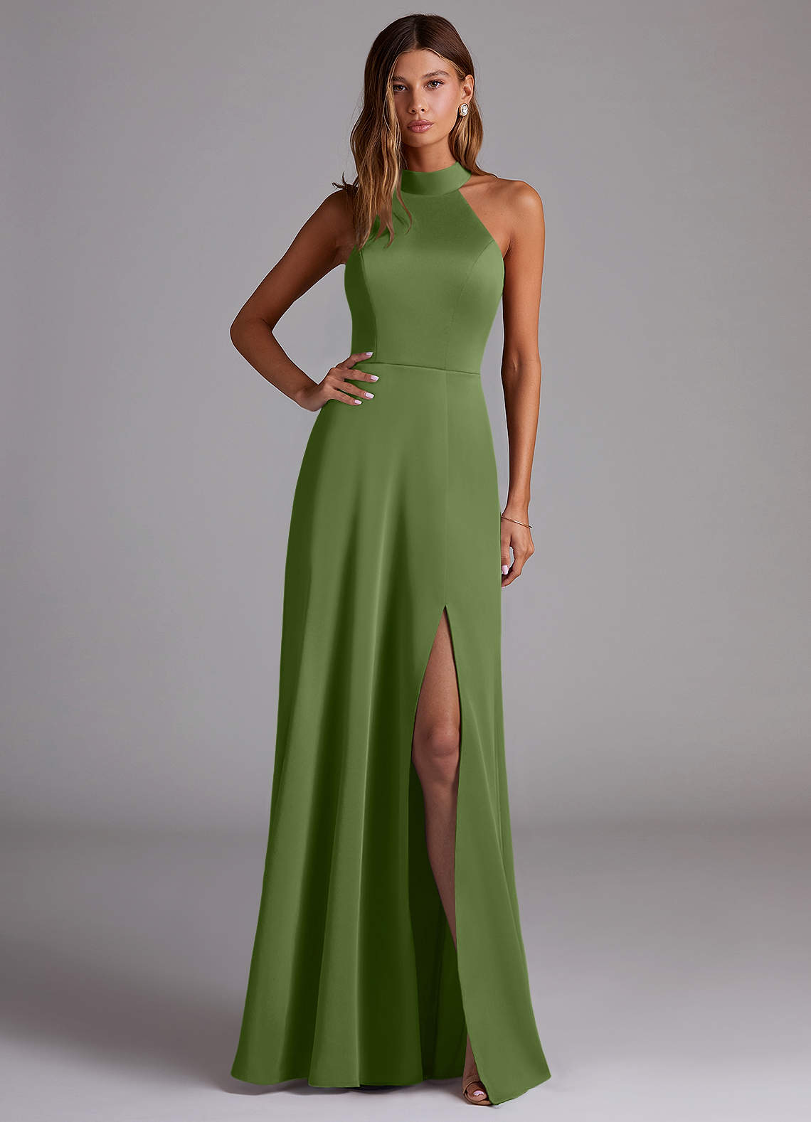 Azazie Myra Bridesmaid Dresses Juniper A-Line Side Slit Stretch Satin Dress image1