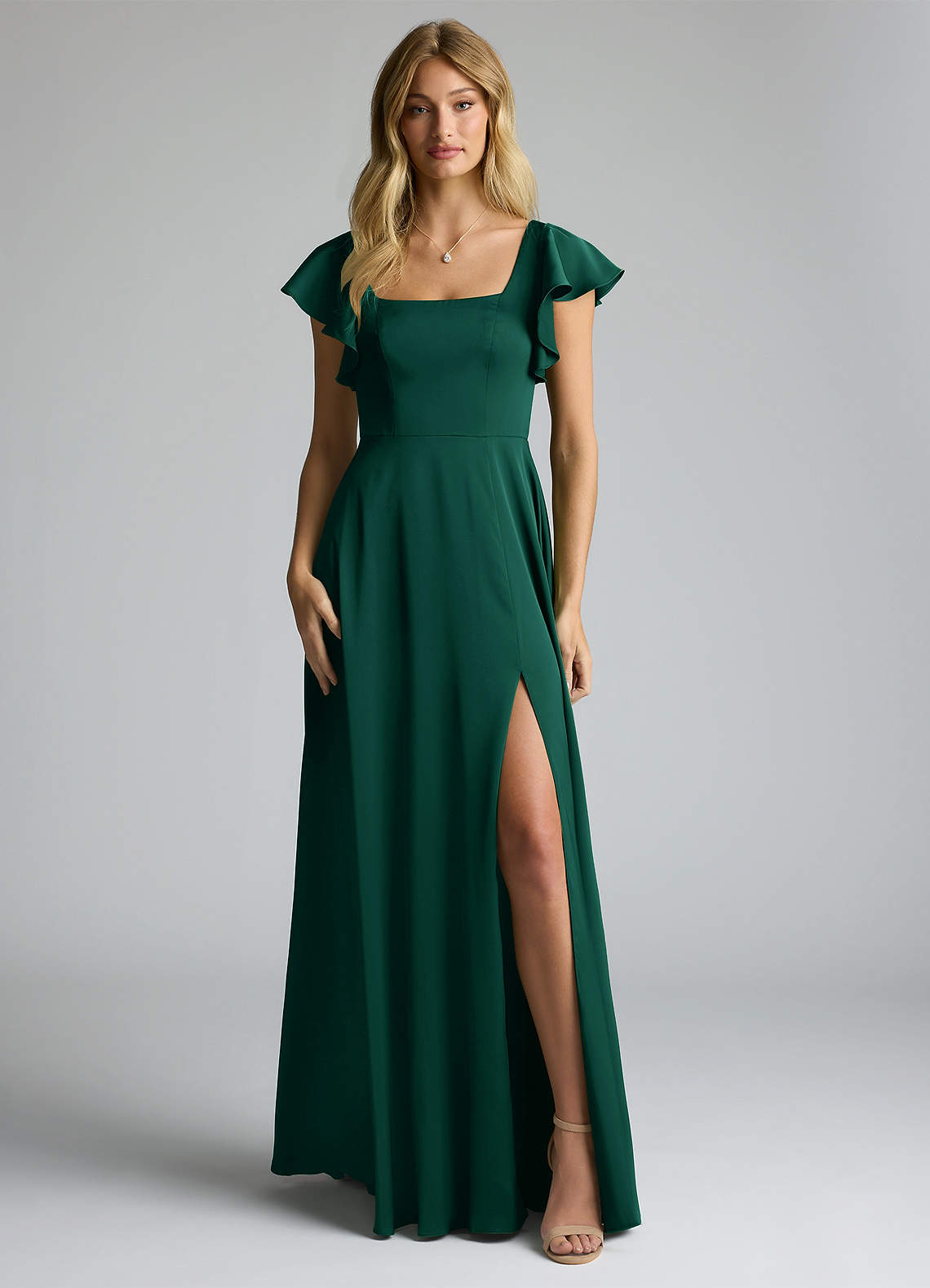 Azazie Bondi Bridesmaid Dresses Emerald A-Line Bow Stretch Satin Dress image4