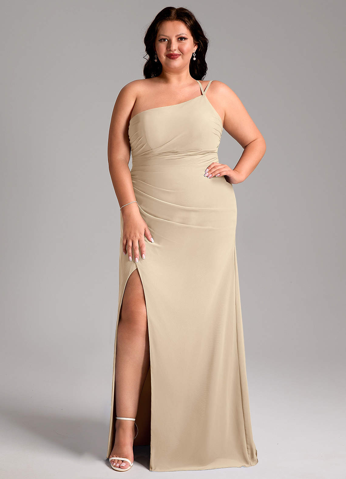 Azazie Eren Jurken voor bruidsmeisjes Jurk van Chiffon met Kolom One-Shoulder Champagne image7