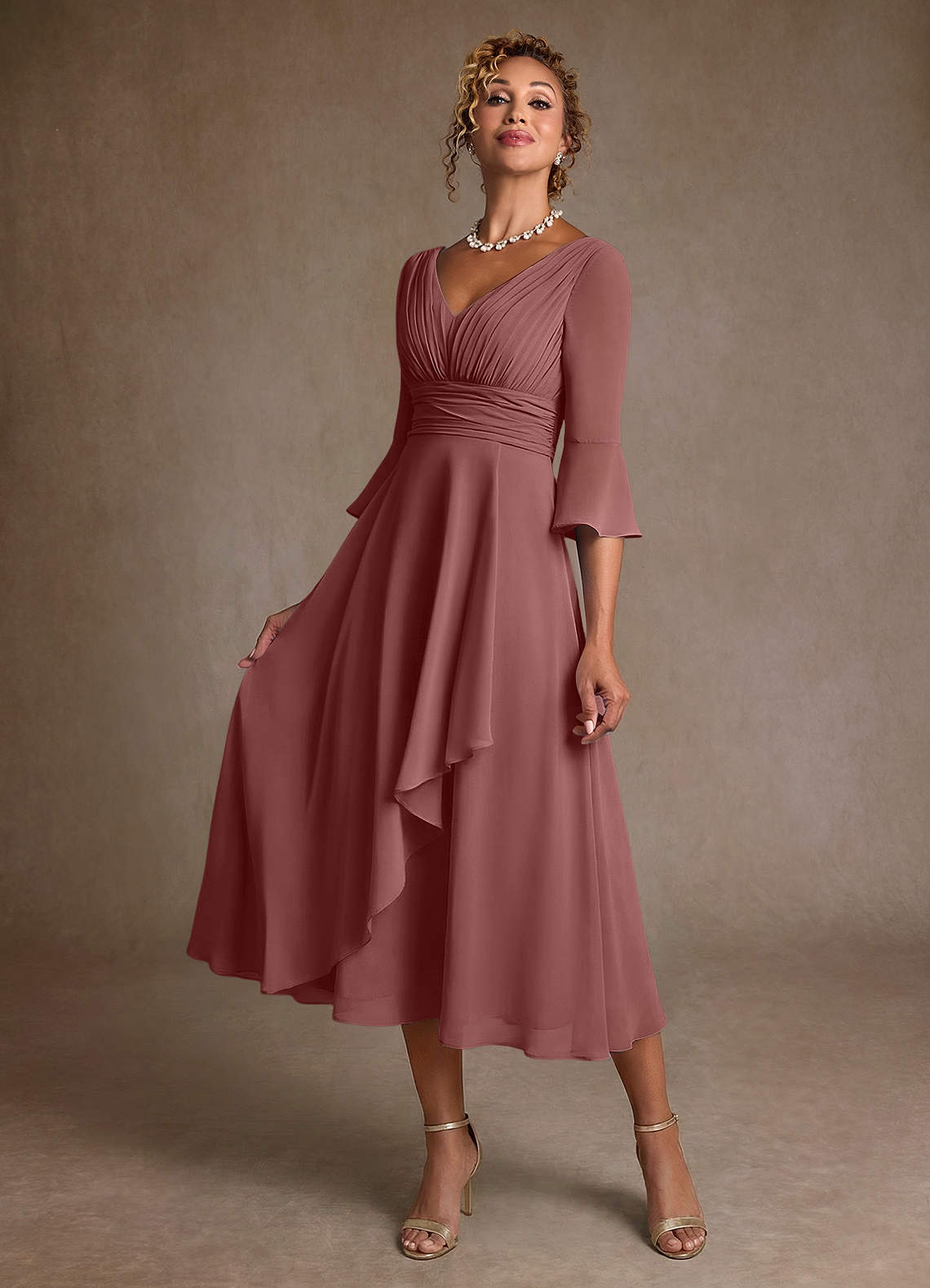 Azazie Aerynne Desert Rose A-Line Pleated Chiffon Dress | Azazie CA