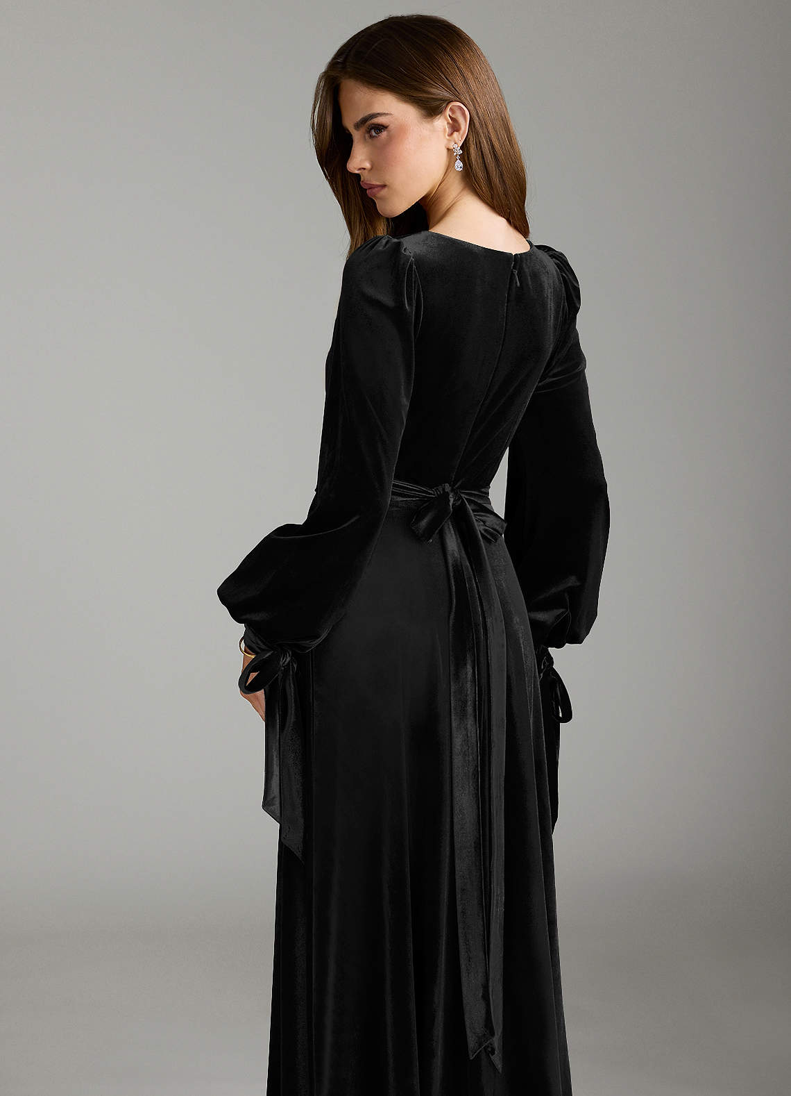 Azazie Leonia Bridesmaid Dresses Black A-Line Long Sleeve Velvet Dress image1