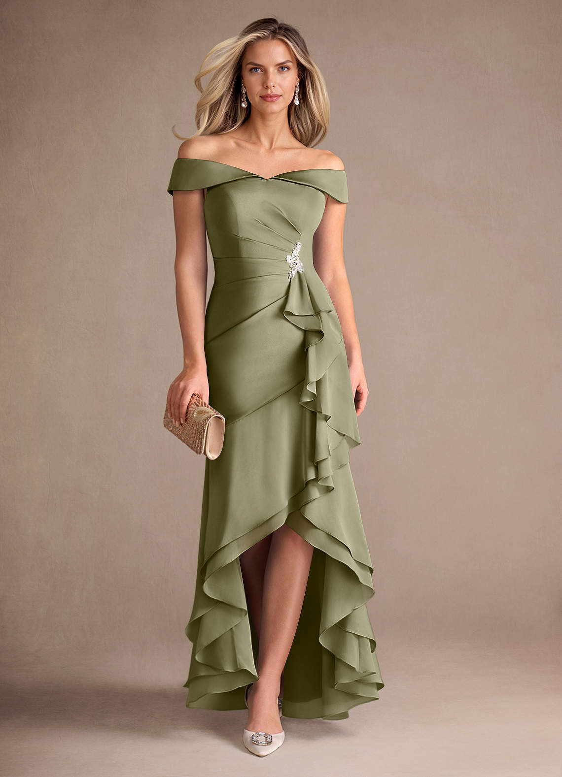 Azazie Billings Mother of the Bride Dresses Pistachio Mermaid Off the Shoulder Stretch Satin Dress image1