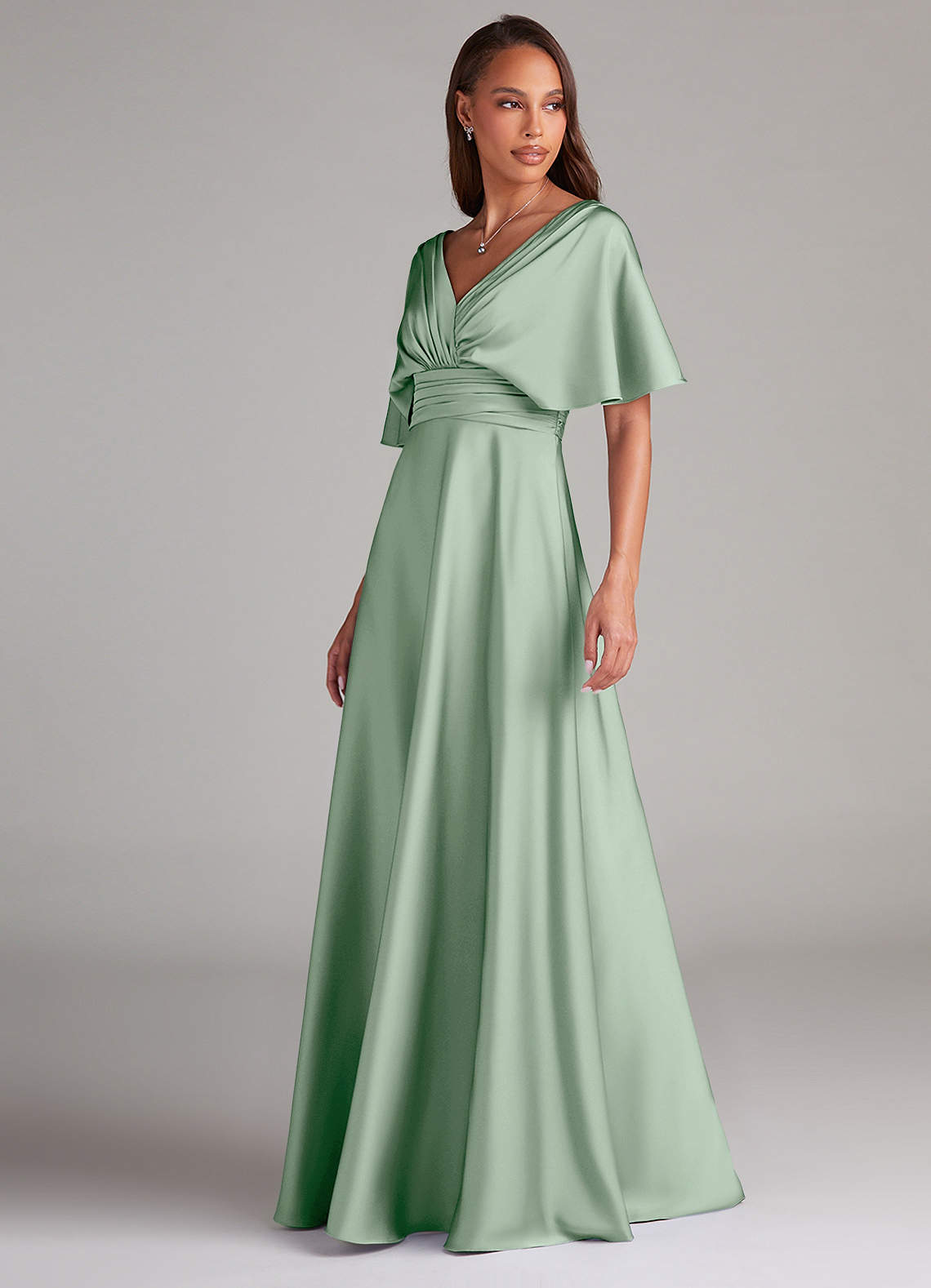 Azazie Pamela Robes de demoiselle d'honneur Robe Trapèze en Satin extensible Plissée Agave image3