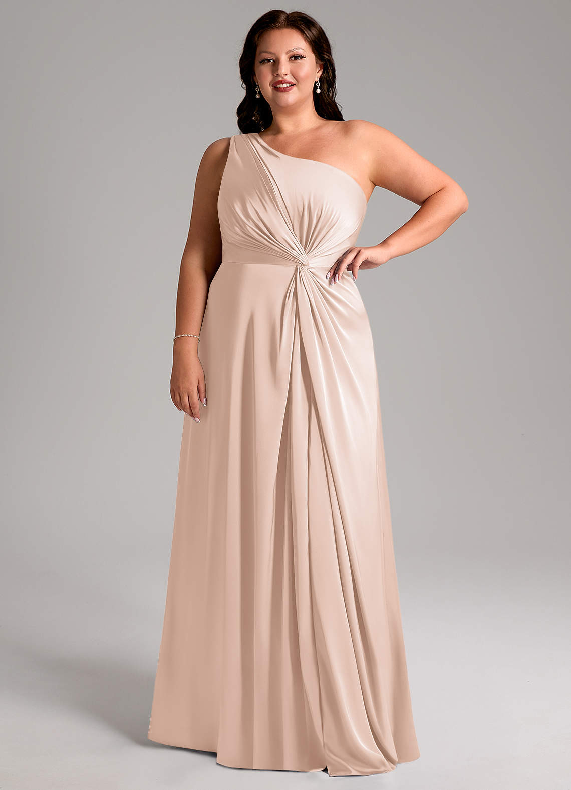 Azazie Brooke Vestidos de madrinha de casamento Vestido Rosa Corado de Cetim elástico de Linha A com Um ombro image11