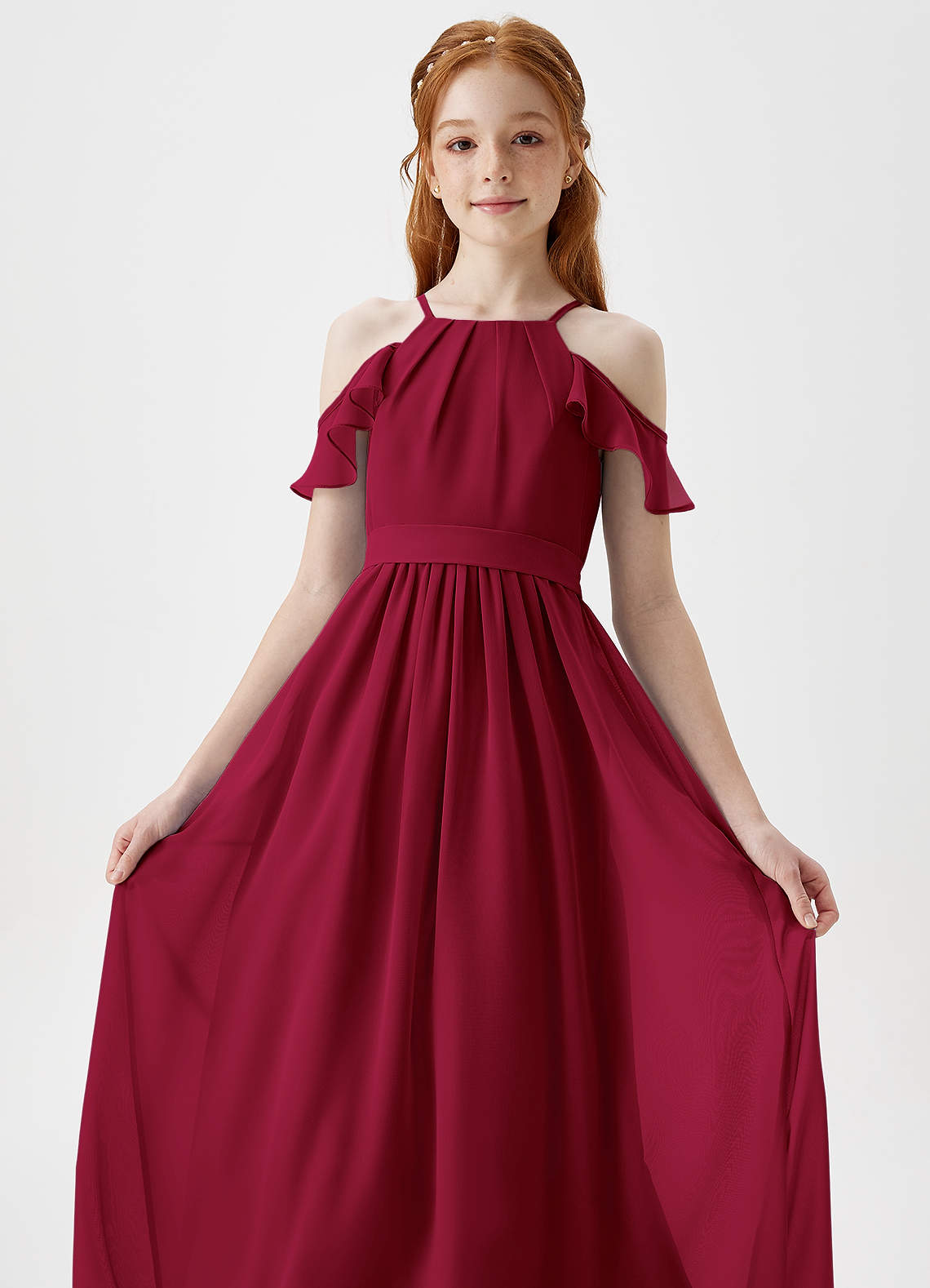 Azazie Chaya Junior Burgundy A-Line Off the Shoulder Chiffon Dress image1