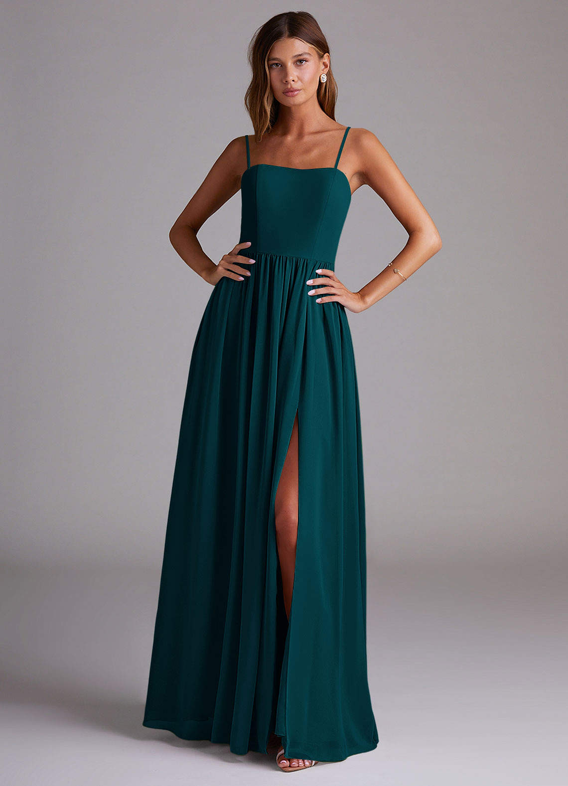 Azazie Calianna Bridesmaid Dresses Pine A-Line Off the Shoulder Chiffon Convertible Dress image1