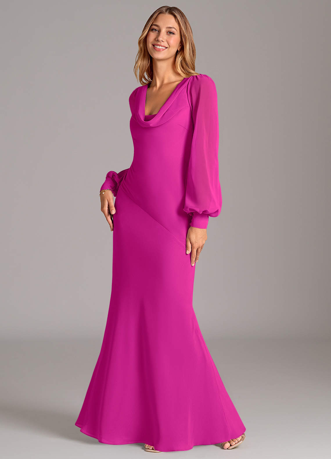 Azazie Rylina Vestidos de damas de honor Vestido de Fucsia de Gasa de Corte Sirena con Manga larga image1