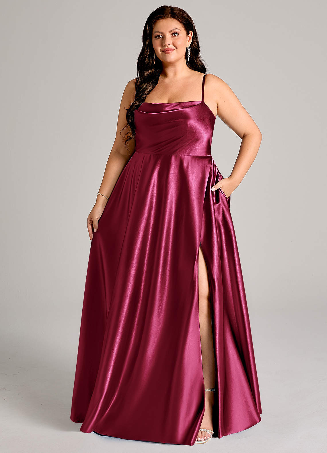 Azazie Elle Bridesmaid Dresses Burgundy A-Line with Pockets Metallic Satin Dress image1