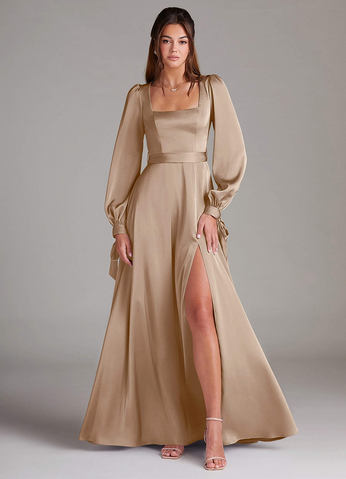 Azazie Leonia Brautjungfernkleider A-Linie Langarm Stretch-Satin Kleid Taupe image1