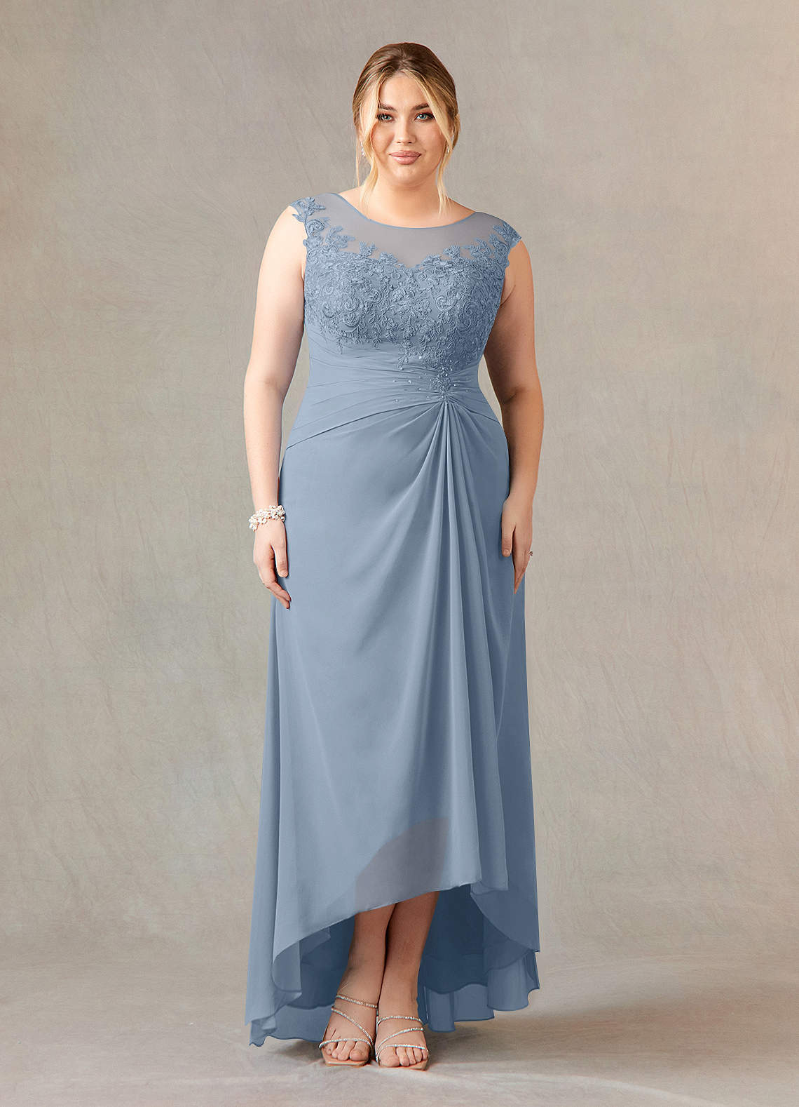 Azazie Endora Mother of the Bride Dresses Dusty Blue A-Line Scoop Lace Chiffon Dress image5