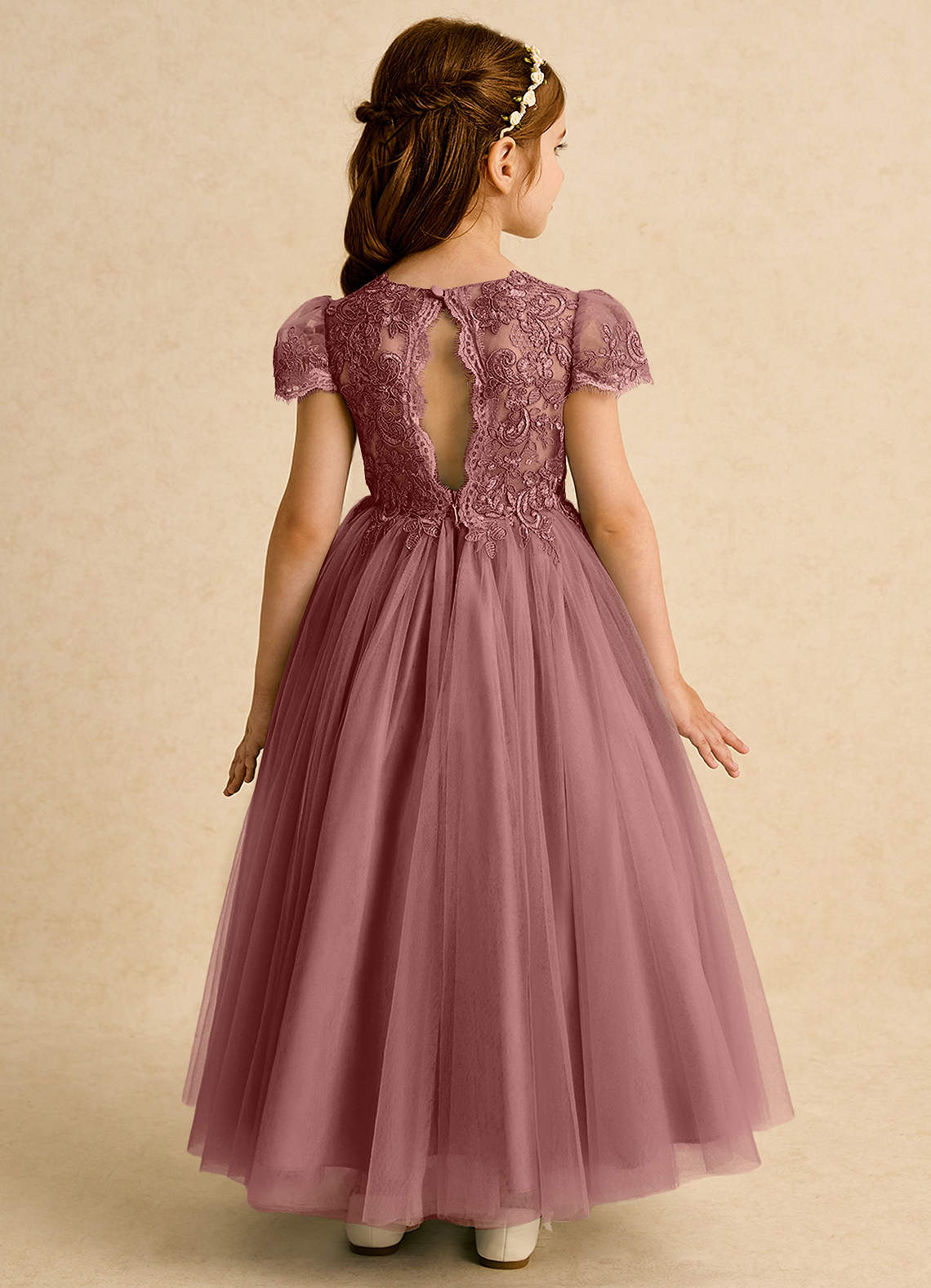 Azazie Puff Abiti da Ragazza di Fiori Abito Principessa in Tulle Pizzo Rosa Del Deserto image1