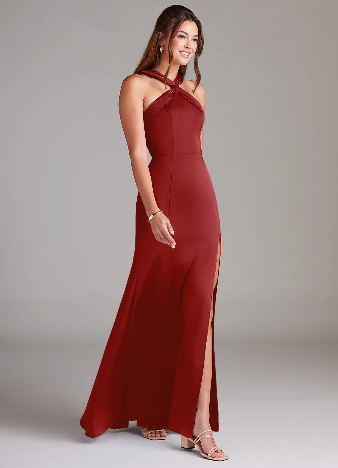 Azazie Rue Bridesmaid Dresses Pomegranate A-Line Pleated Stretch Satin Dress image3