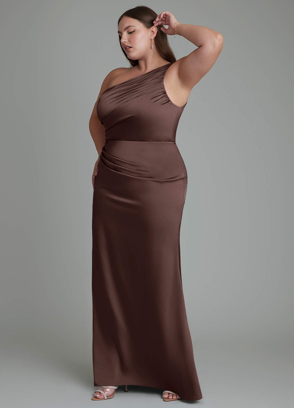 Azazie Akilah Bridesmaid Dresses Ganache Mermaid One Shoulder Stretch Satin Dress image11