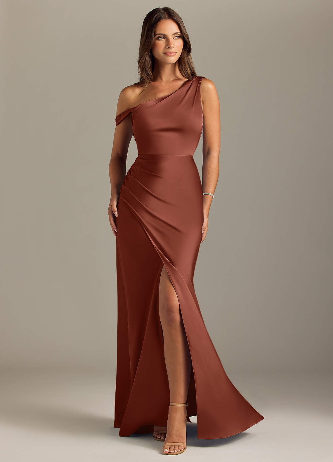 Azazie Madelyn Bridesmaid Dresses Clay Mermaid Off the Shoulder Stretch Satin Convertible Dress image1