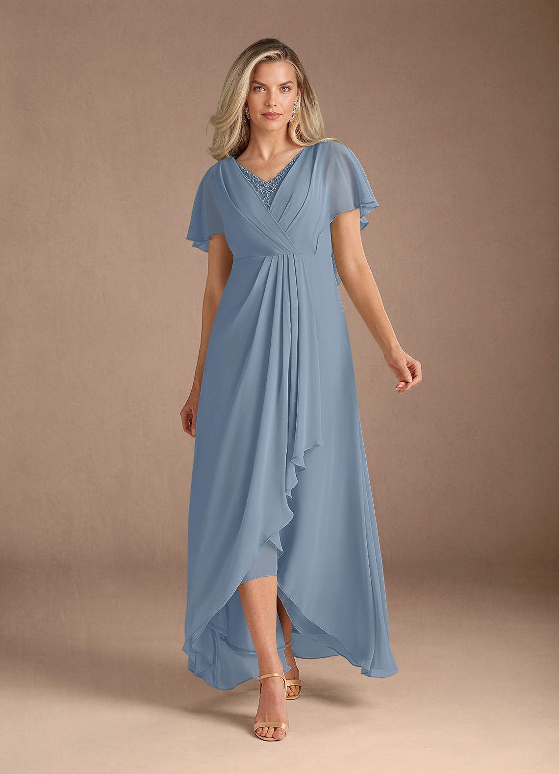 Azazie Eliza Mother of the Bride Dresses Dusty Blue A-Line V-Neck Pleated Chiffon Dress image1