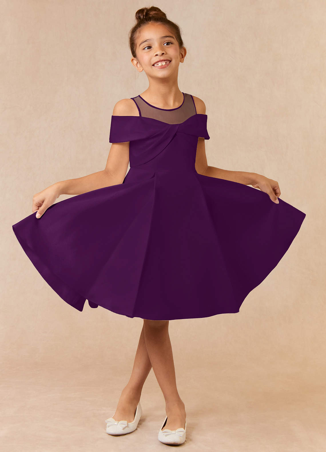 Azazie Shirin Flower Girl Dresses Grape A-Line Off the Shoulder Matte Satin Dress image1