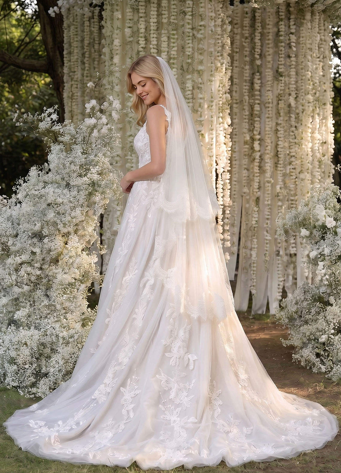 Floral Lace Edge Two Tier Fingertip Wedding Veil with Blusher | Azazie