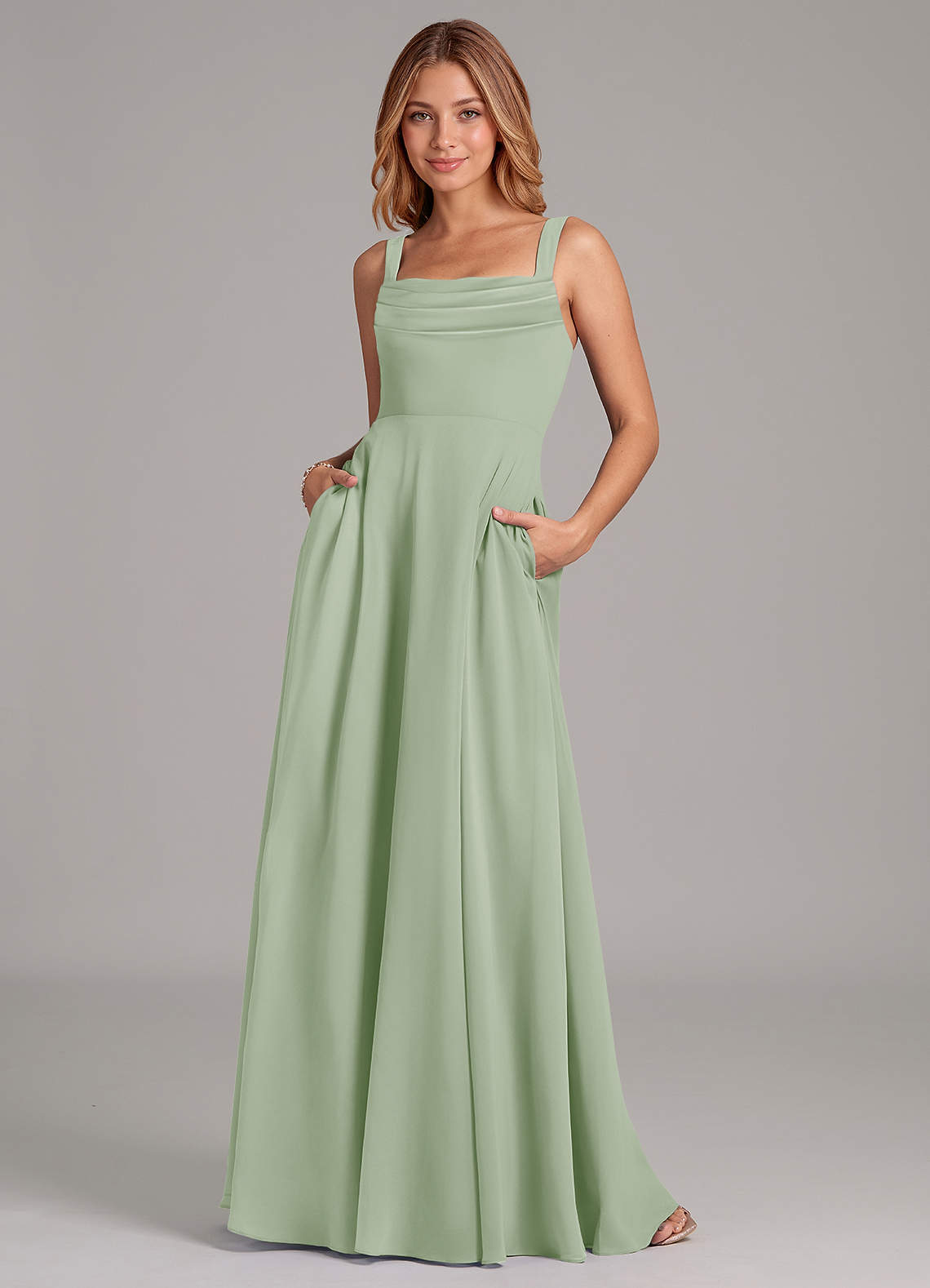 Azazie Shaude Bridesmaid Dresses Dusty Sage A-Line Pleated Chiffon Dress image1