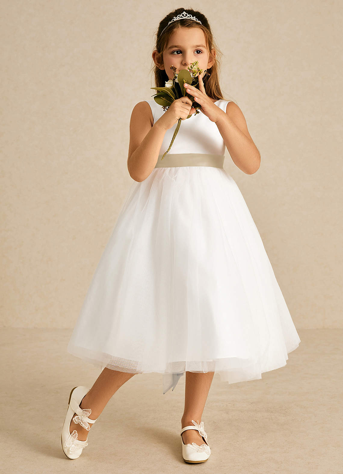 Azazie Kavi Flower Girl Dresses Ivory Champagne A-Line Bow Matte Satin Dress image2