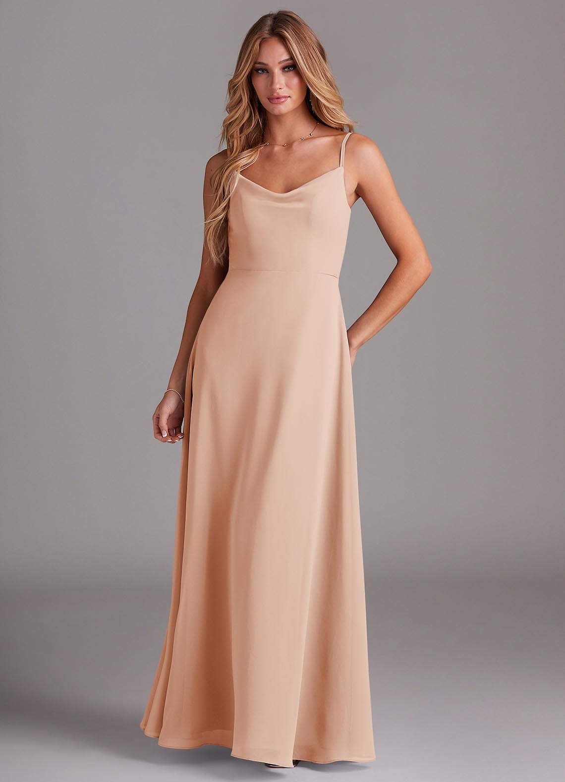 Azazie Daenerys Robes de demoiselle d'honneur Robe Trapèze en Mousseline de soie Col bénitier Rose Perle image1