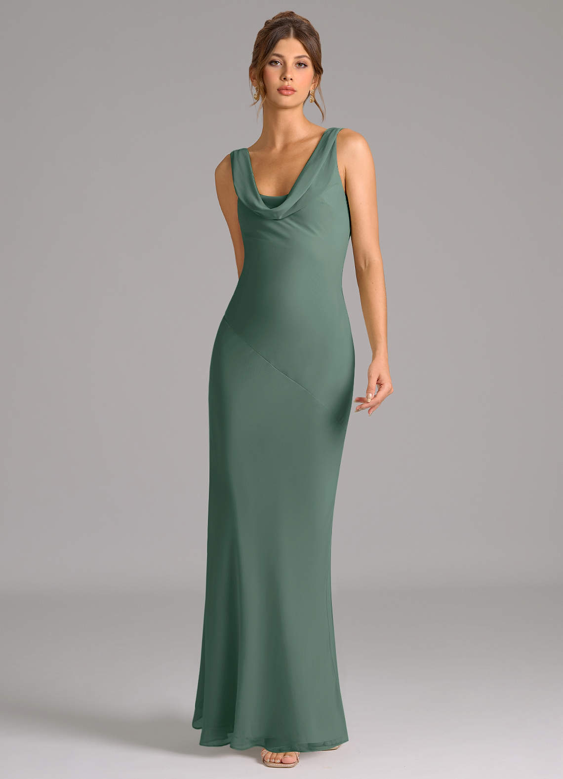 Azazie Rylina At-home Try On Dresses Dusty Blue Mermaid Pleated Chiffon Dress image3