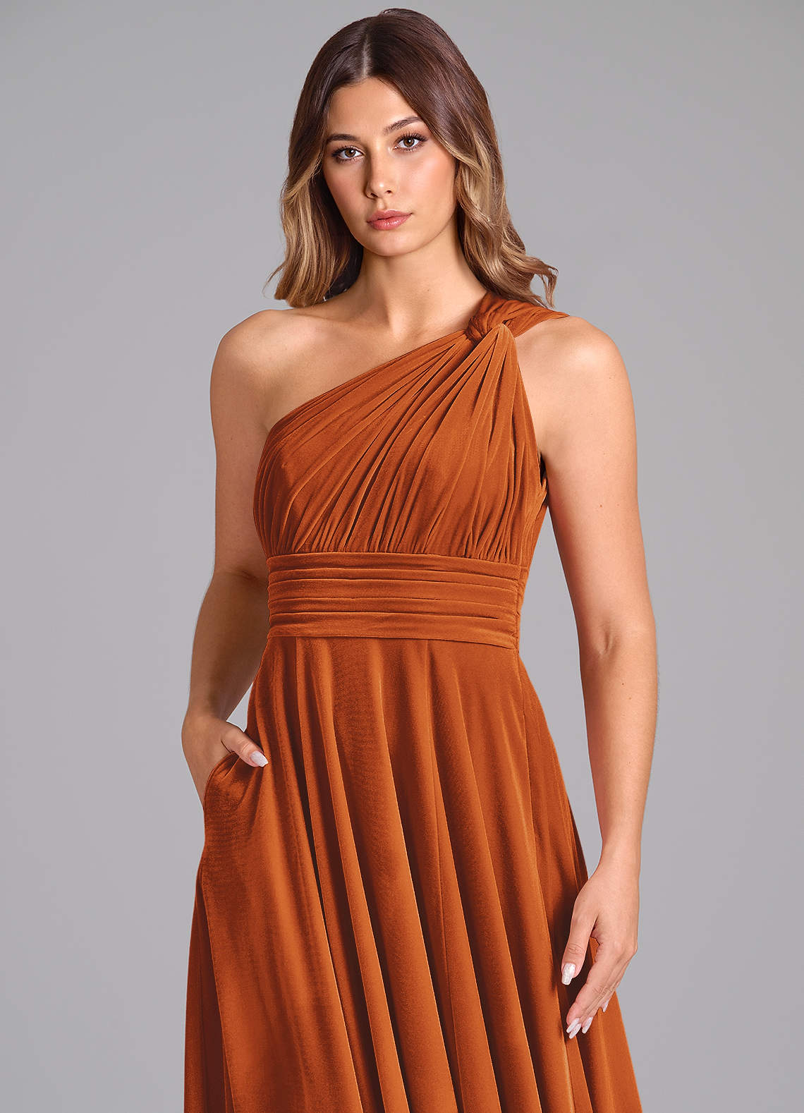 Azazie Charlize Bridesmaid Dresses Burnt Orange A-Line One Shoulder Velvet Dress image5