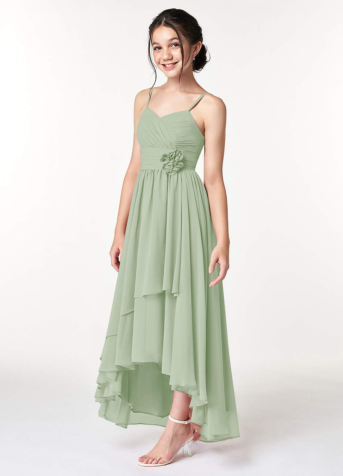 Jewel Neck Chiffon A-Line Junior Bridesmaid Dresses Dusty Sage