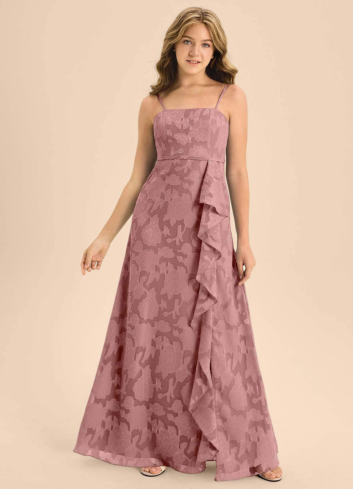 Azazie Kaylee Junior Dusty Rose A-Line with Belt Floral Burnout Dress image1