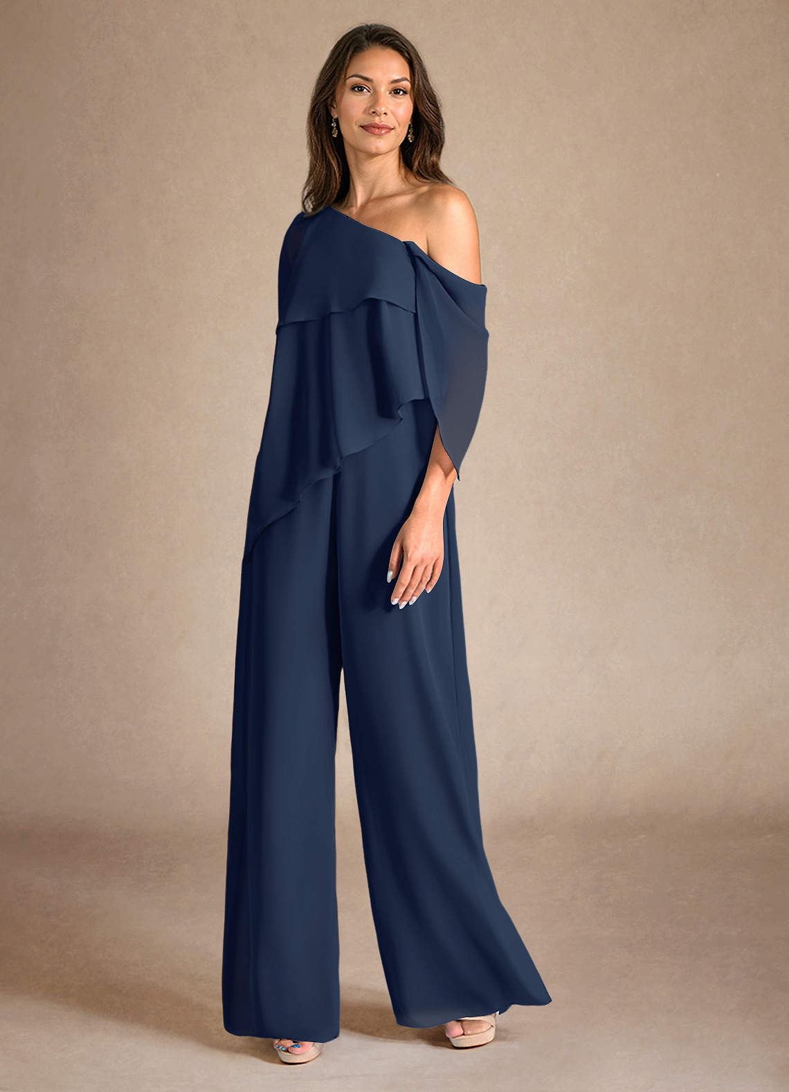 Azazie Halima Abiti per la Madre della Sposa Abito Tuta Pantaloni in Chiffon Spacco Laterale Marino Scuro image1