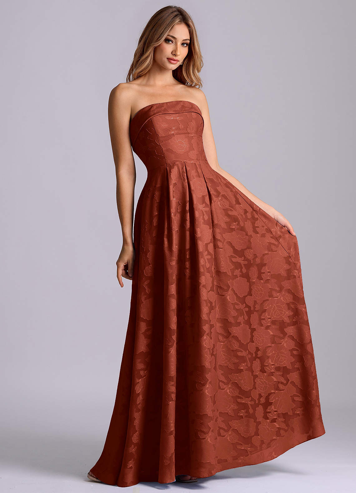 Azazie Lucienne Vestidos de madrinha de casamento Vestido Terracota de Esgotamento Floral de Linha A com Sem alças image3