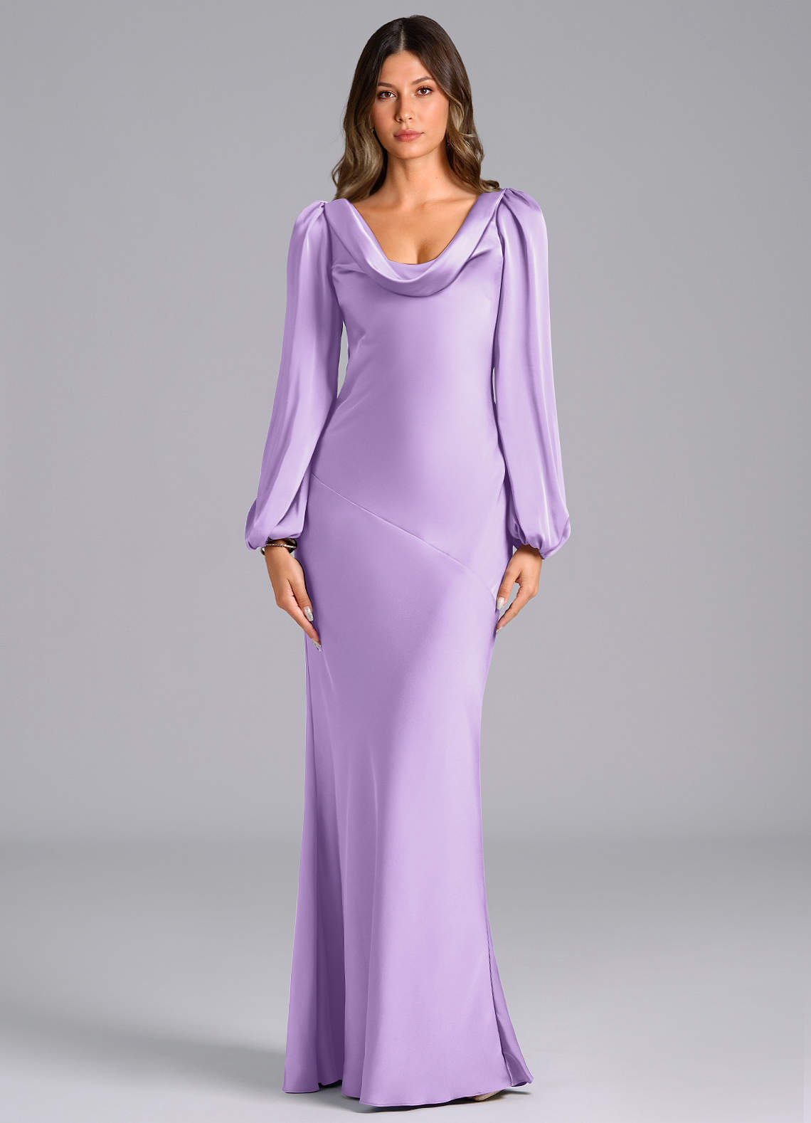 Azazie Rylina Bridesmaid Dresses Lilac Mermaid Long Sleeve Stretch Satin Dress image1
