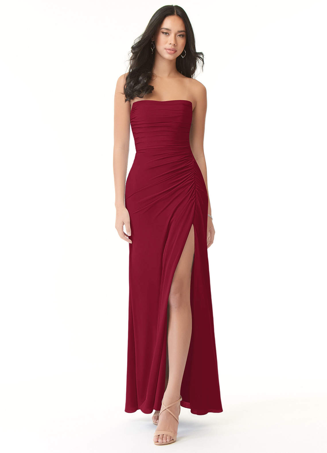 Azazie Darria Abiti da Damigella Abito Convertibile Tubino in Chiffon Elasticizzato Scollo quadrato pieghettato Borgogna image1