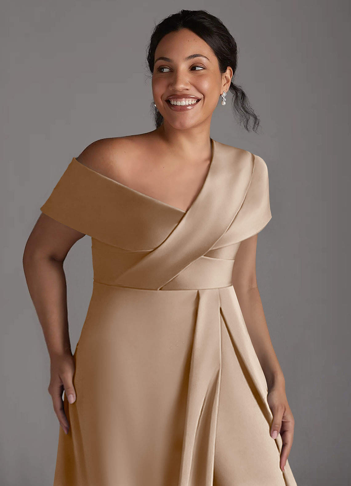 Azazie Milton Mother of the Bride Dresses Taupe A-Line Pleated Stretch Satin Dress image12