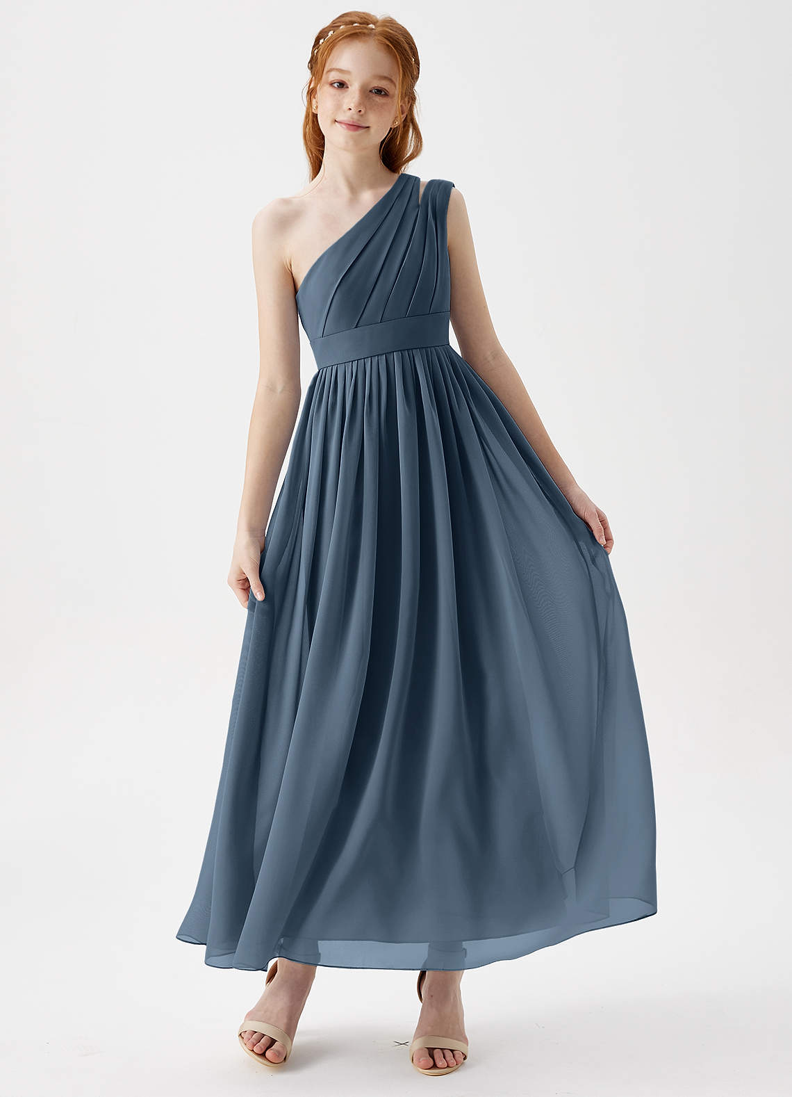 Azazie Anissa Junior Abito A-Line in Chiffon Plissettato Blu Nettuno image1