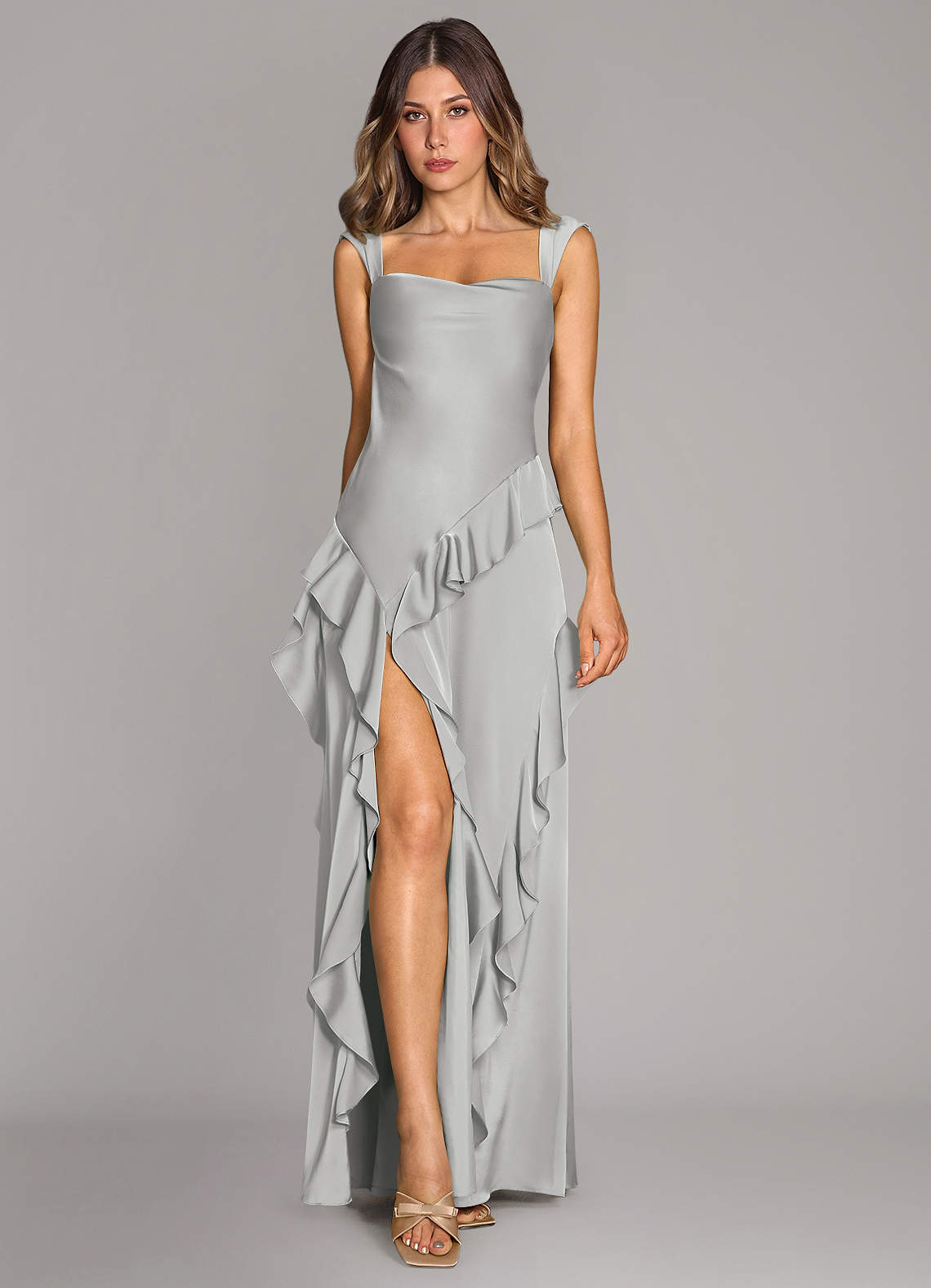 Azazie A-Line Cowl Neck Floor-Length Stretch Satin Bridesmaid Dresses - Silver