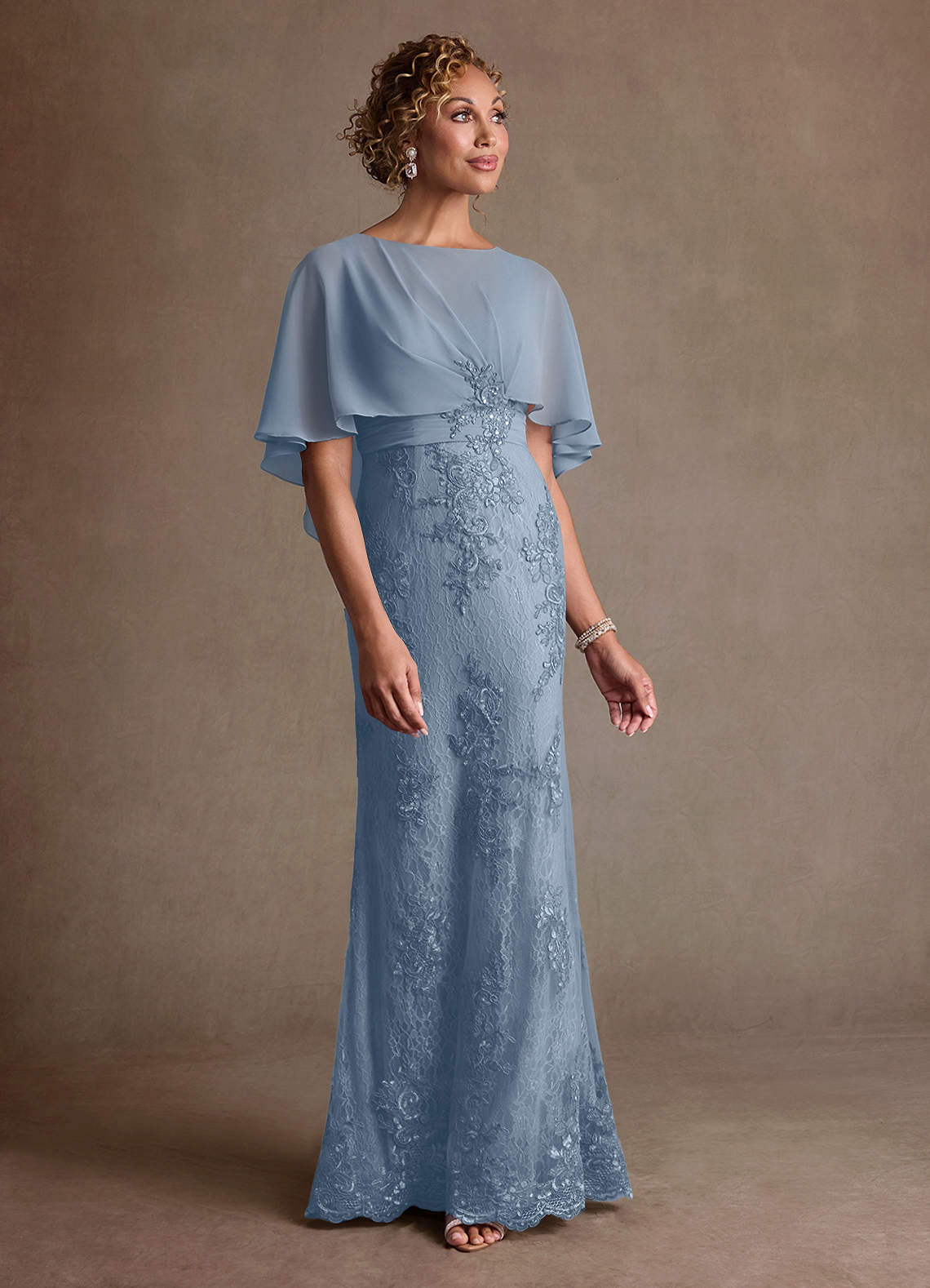 Azazie Amrita Mère de la mariée Robes Robe Sirène en Mousseline de soie Dentelle Bleu Poussiéreux image3