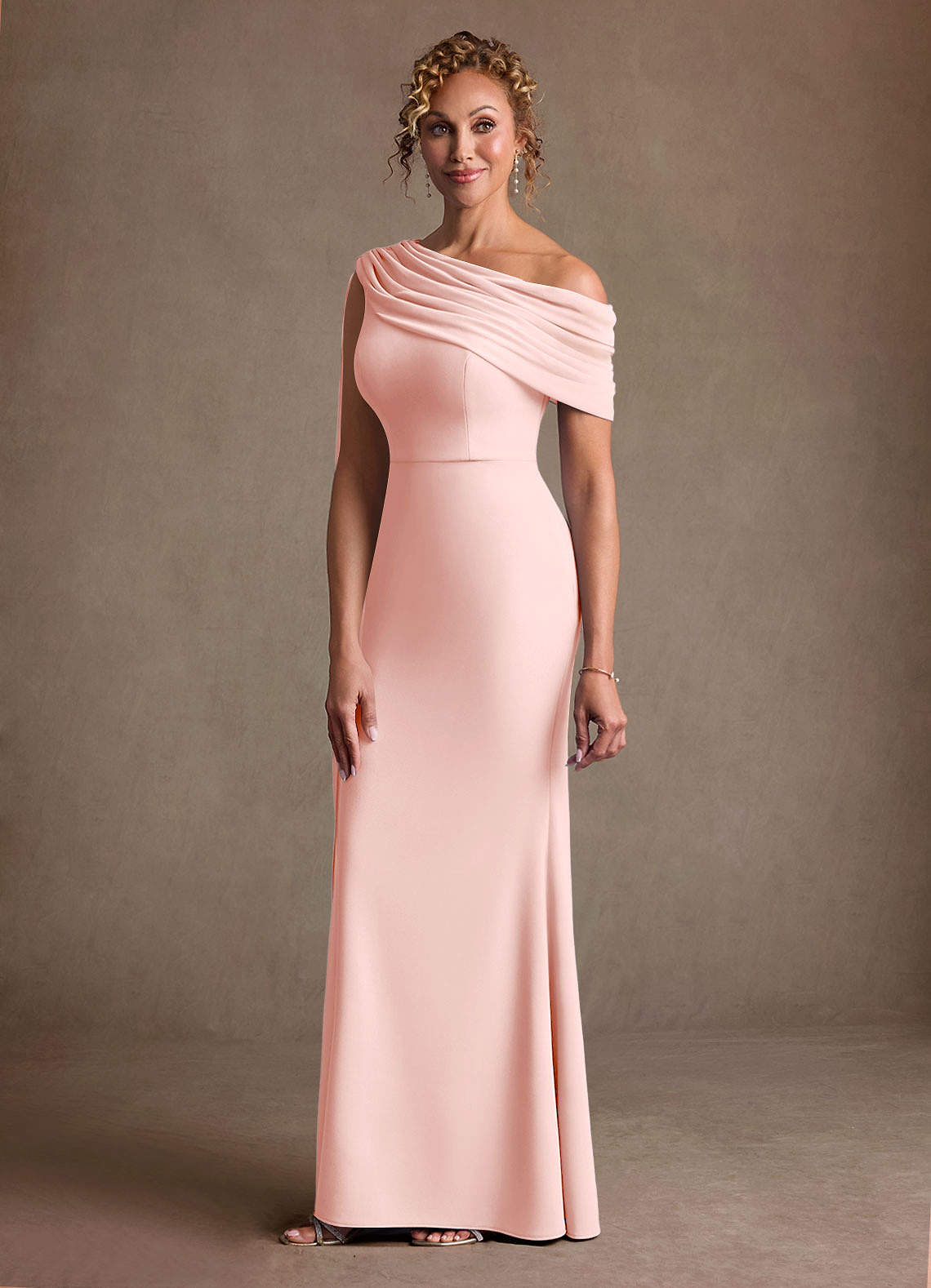 Azazie Bassi Mother of the Bride Dresses Blushing Pink Mermaid Off the Shoulder Mesh Dress image4