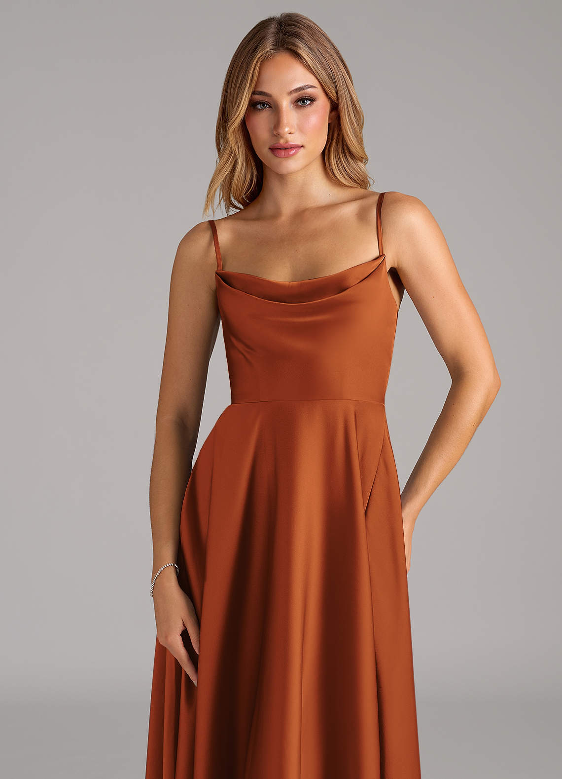 Azazie Elle Bridesmaid Dresses Cinnamon A-Line Pleated Stretch Satin Dress image1