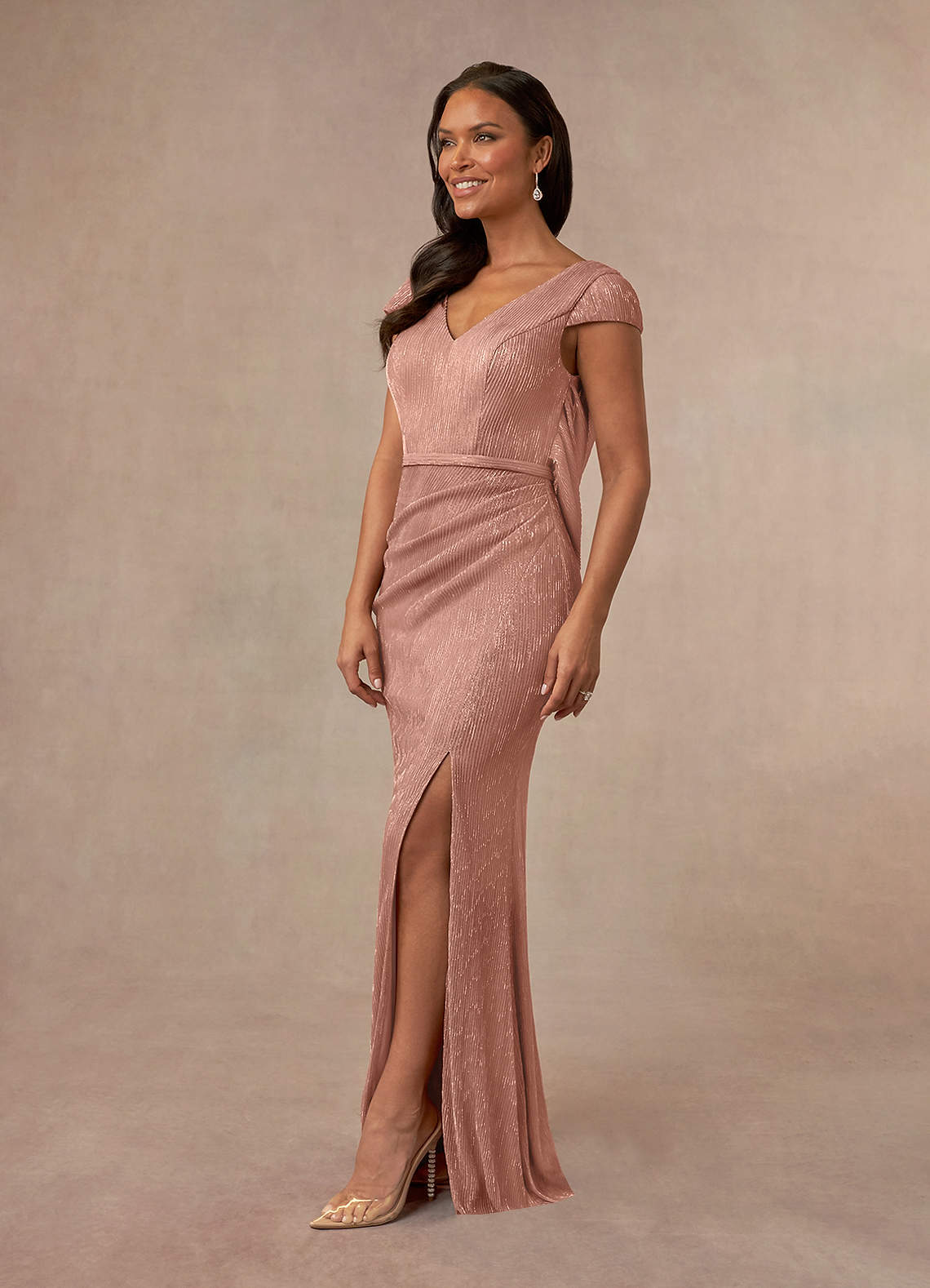 Azazie Galilea Mother of the Bride Dresses Rose Gold Mermaid V-Neck Metallic Mesh Dress image1