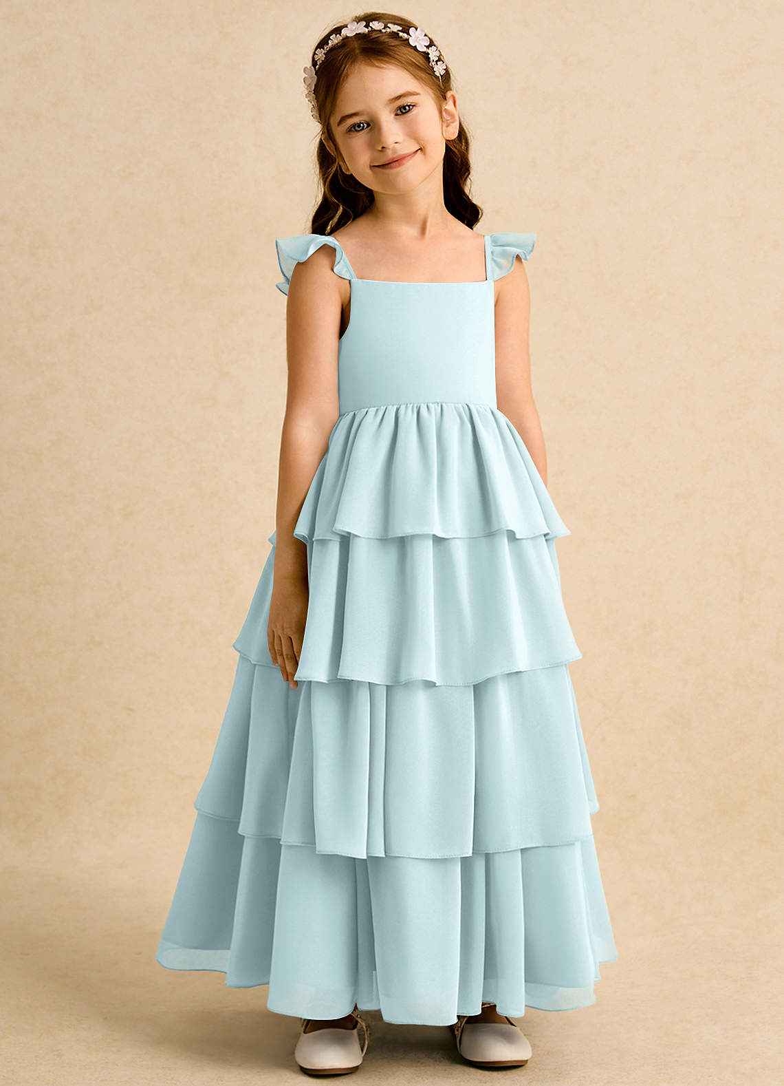 Azazie Boba Flower Girl Klänningar Klänning A-Line i Chiffong Fyrkantig halsringning image1