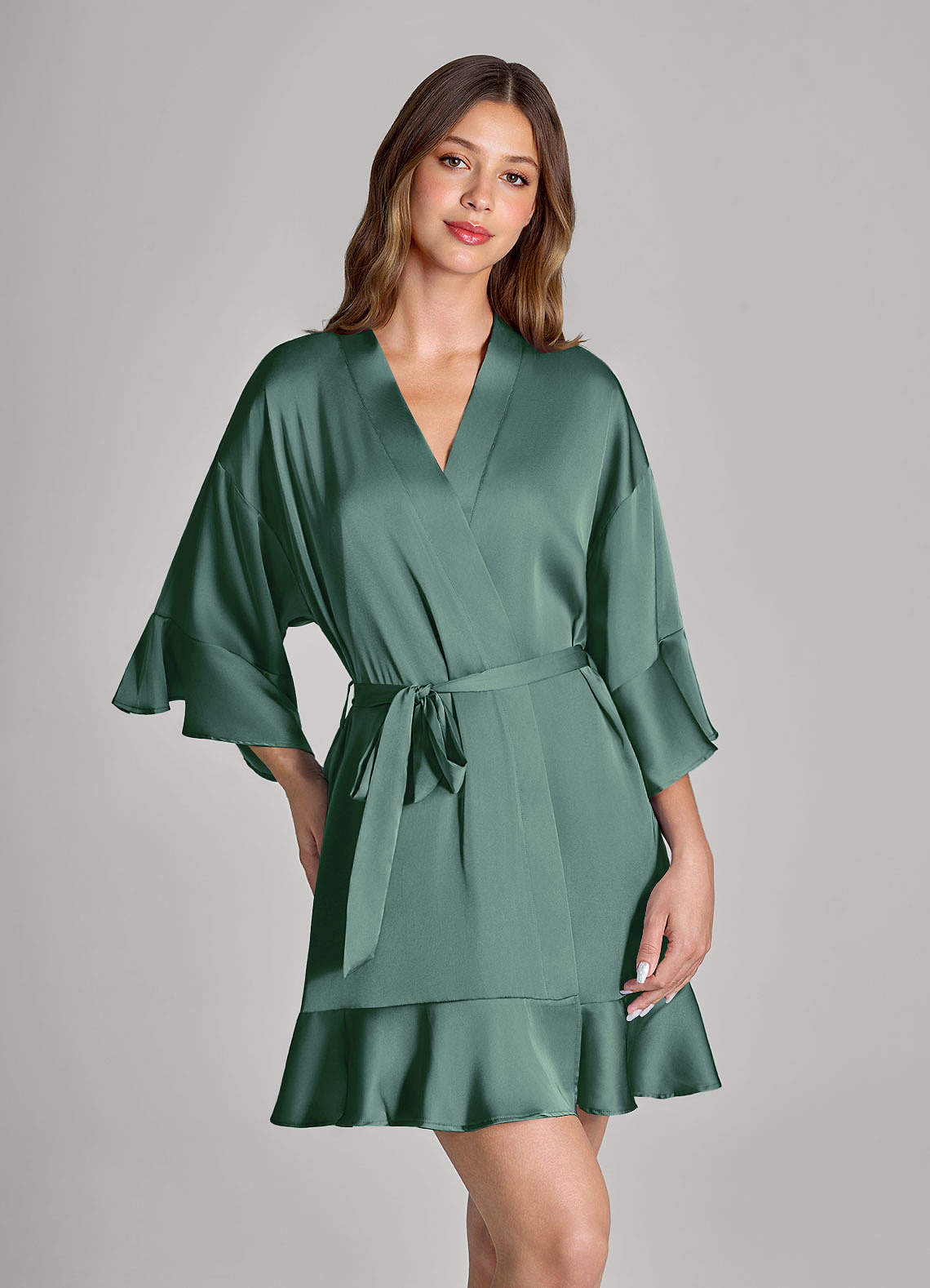 front Matching Color 2-Piece Ruffle Satin Robe and Slip Set