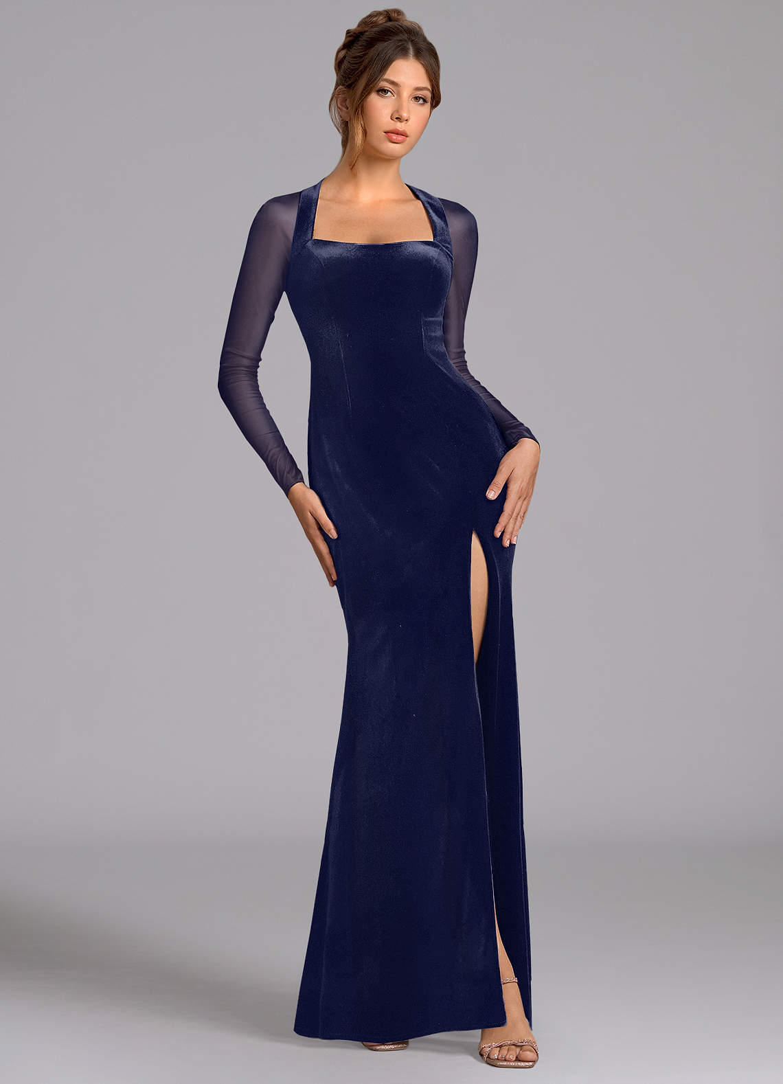 Azazie Megan Bridesmaid Dresses Dark Navy Mermaid Long Sleeve Mesh Dress image1